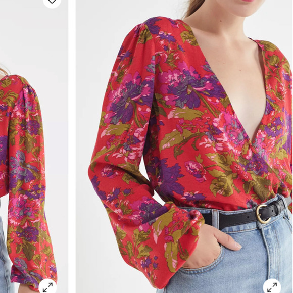 UO Georgie Surplice Blouse Floral Long Sleeve in Pinks Size Large - Picture 3 of 15